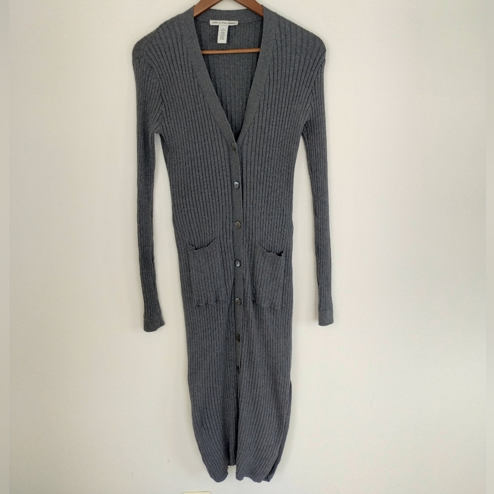 Autumn Cashmere Long Ribbed Button-Front Cardigan in Slate Gray